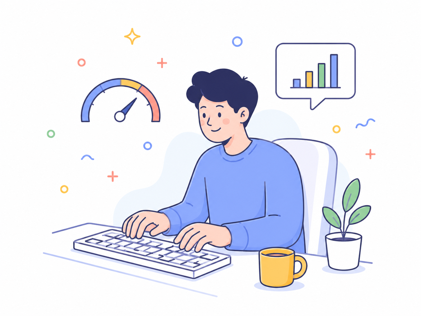 Friendly illustration of a person typing with speed and chart accents